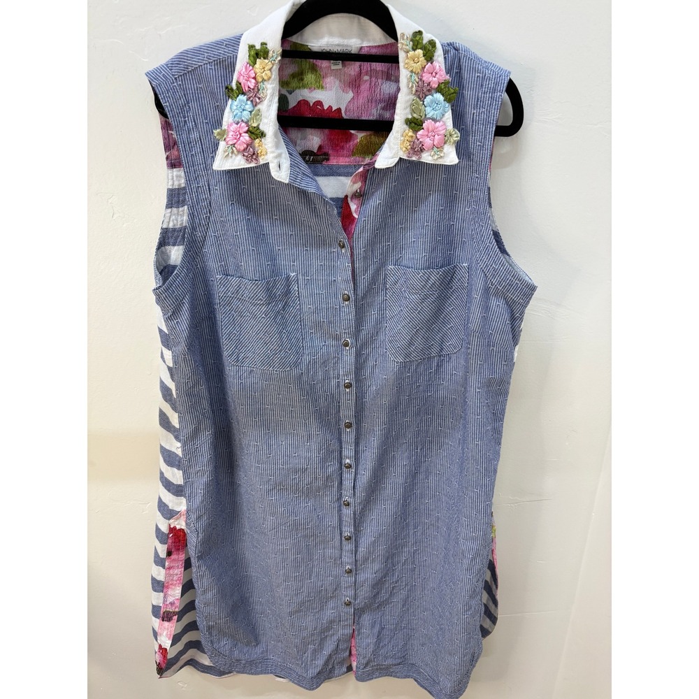 John Mark Sleeveless Stripe Shirt Dress Floral Embroidered Collar Blue XL